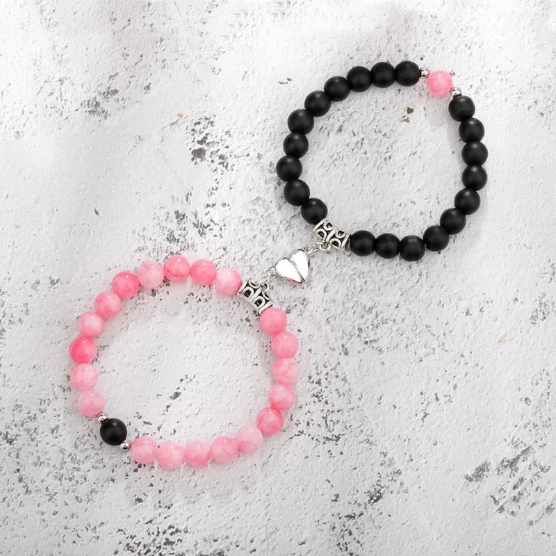 Black & Pink Beads Heart Magnetic Distance Bracelet Set Couple Bracelet