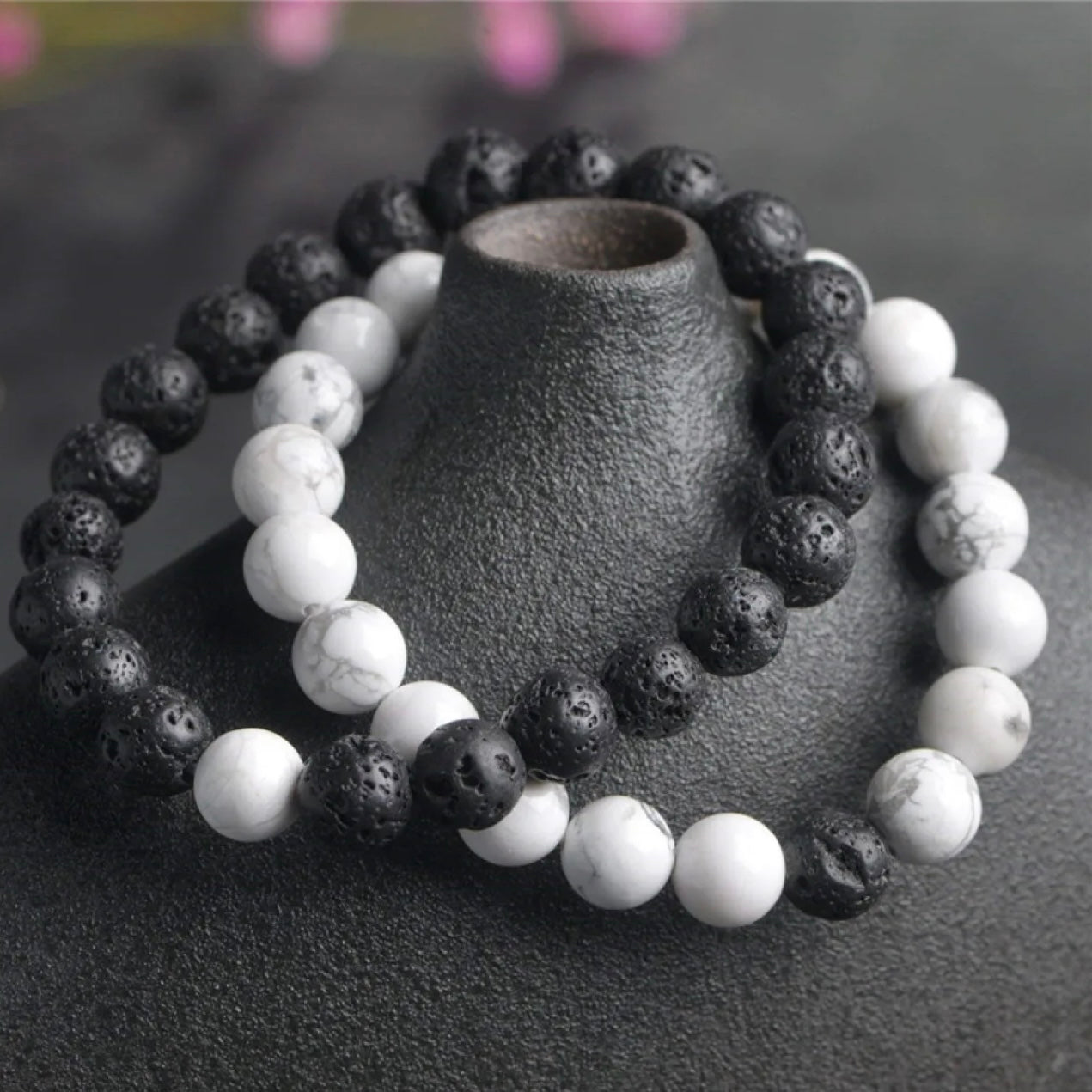 White & Lave Black Energy Stone Beads Distance Bracelet Set Couple Bracelet