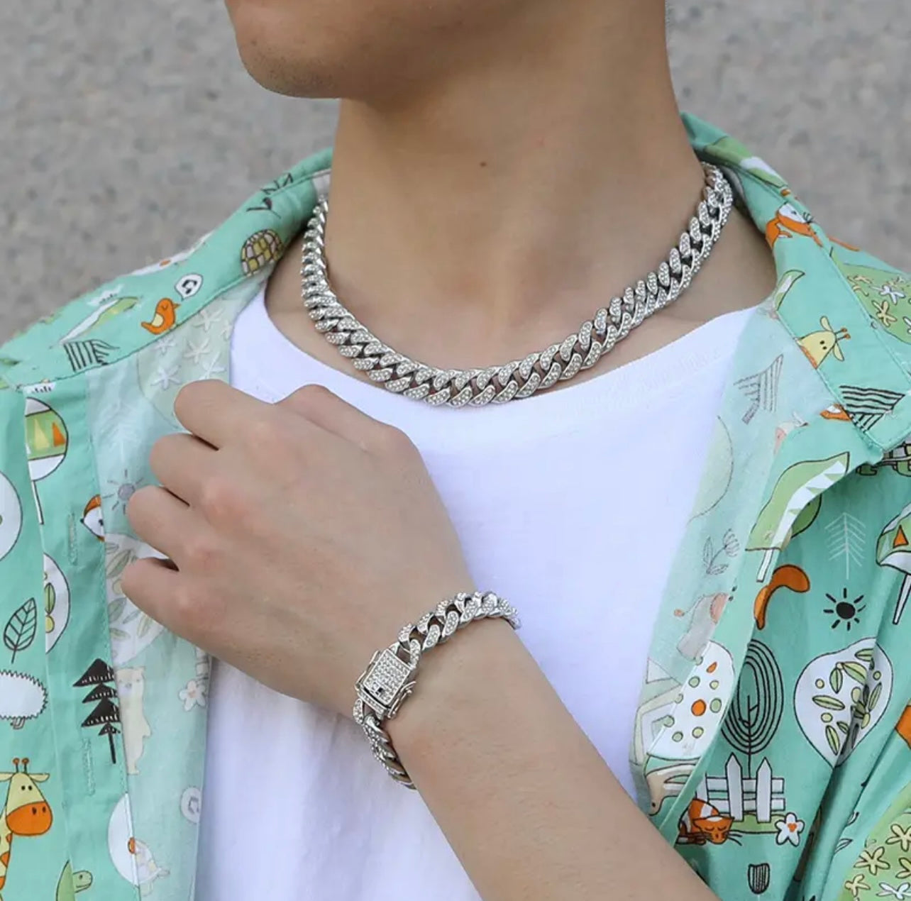 13mm silver iced out miami Cuban link neck chain bracelet for men online in pakistan