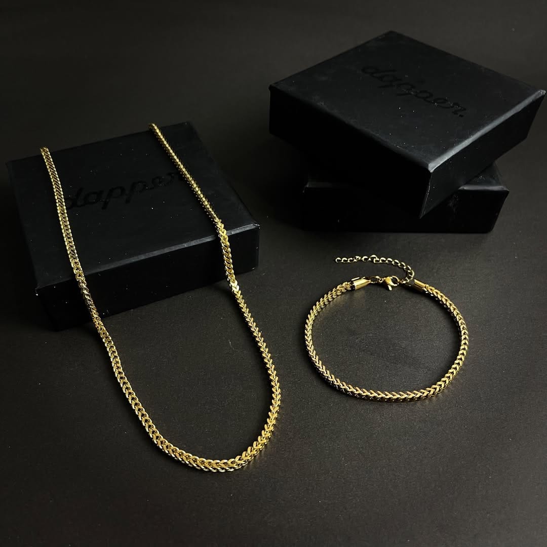 3mm golden franco neck chain and bracelet set for men online in Pakistan