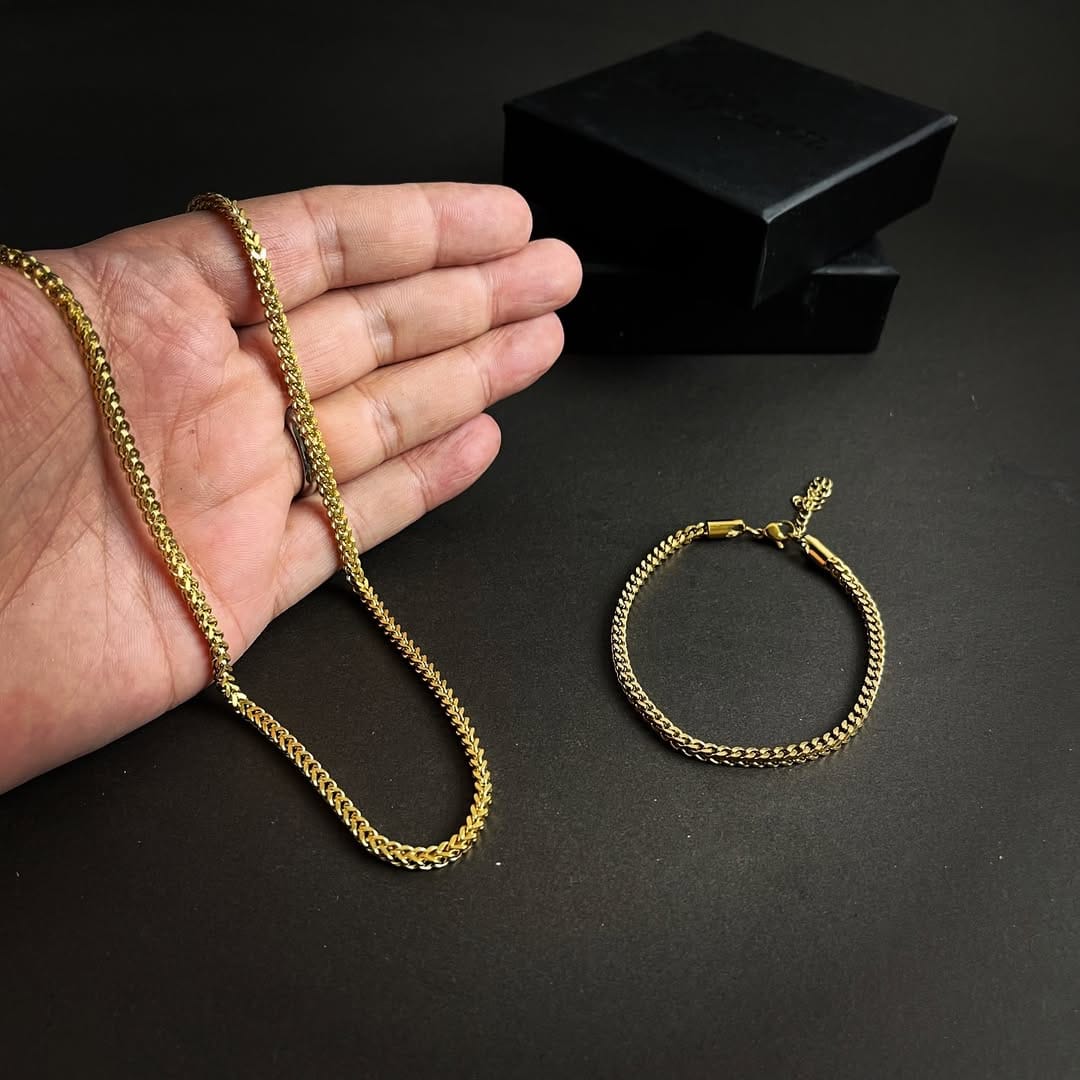 3mm golden franco neck chain and bracelet set for men online in Pakistan