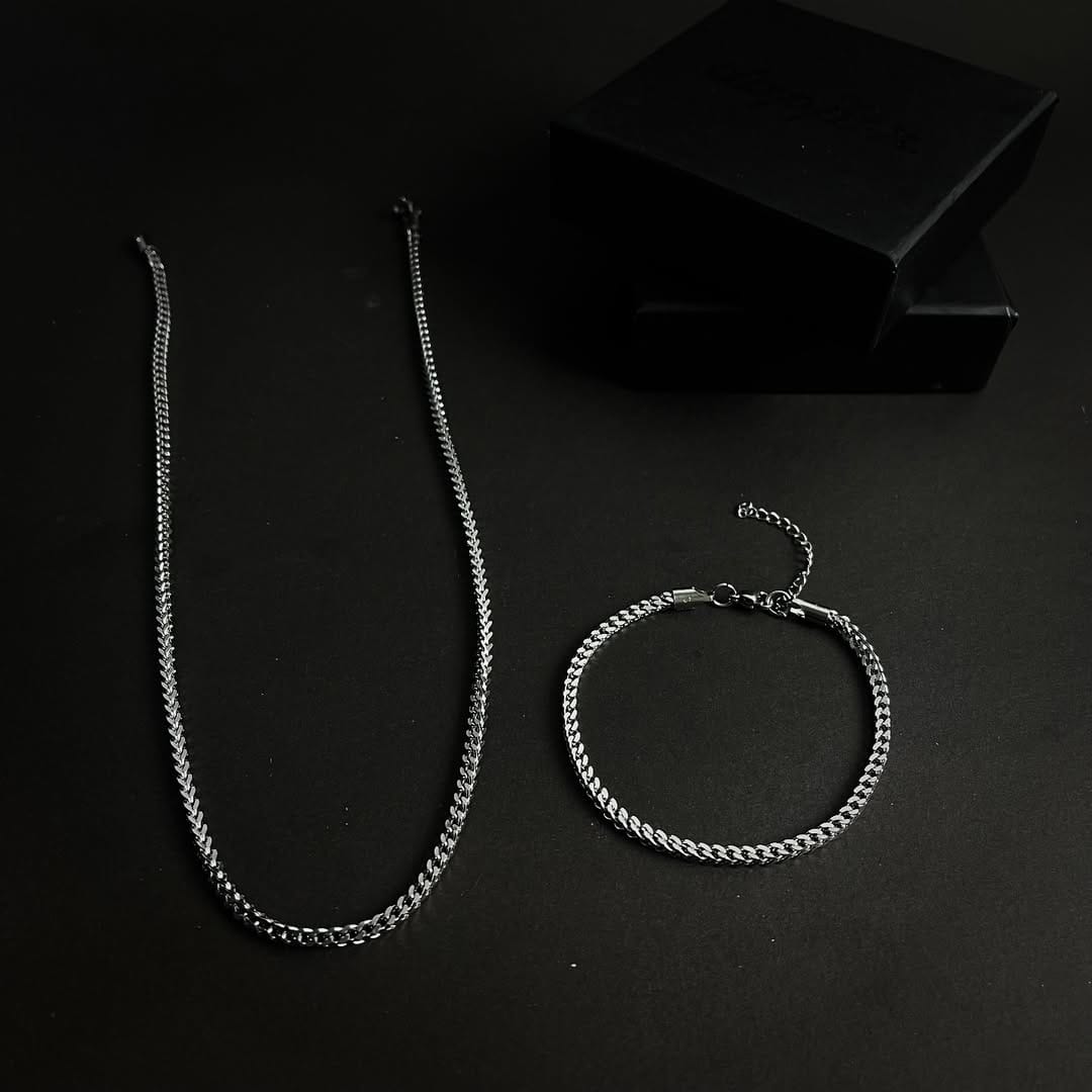 3mm silver franco square neck chain and bracelet set for men online in Pakistan