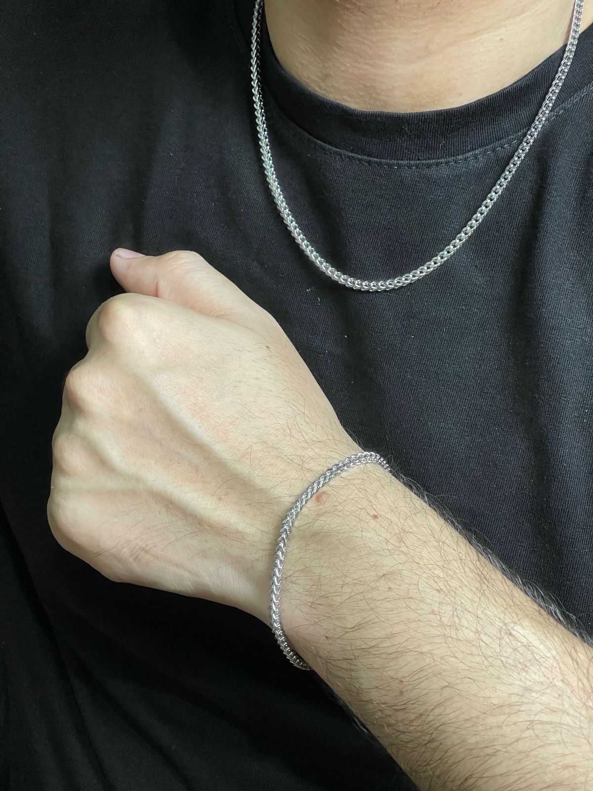 3mm silver franco square neck chain and bracelet set for men online in Pakistan