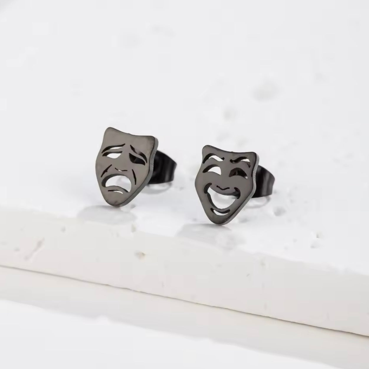 Black Funky Mask Stud Earrings For Men/Women