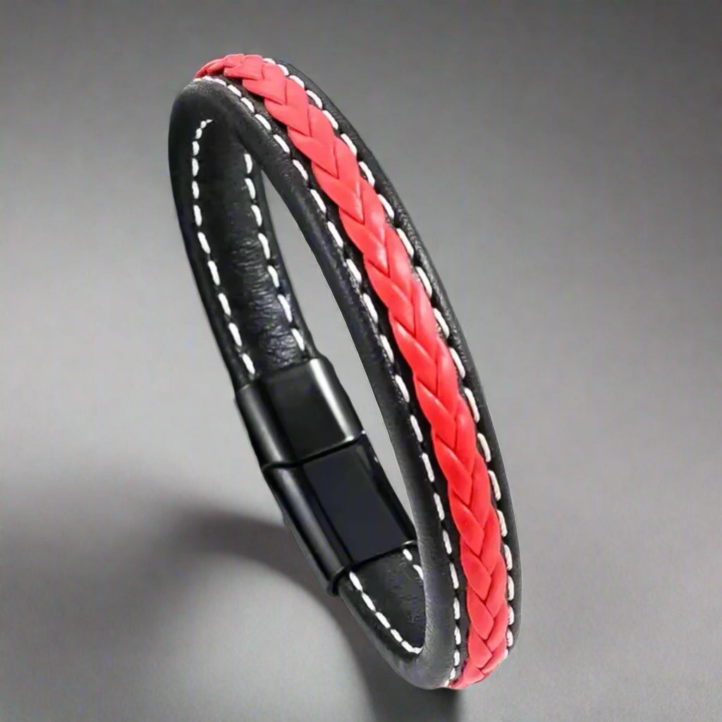 Streetwise Red & Black Leather Bracelet For Men