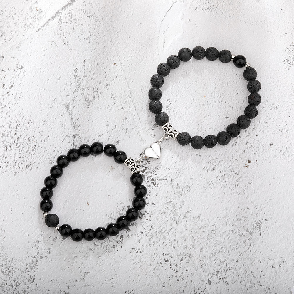 Black Lave & Agate Magnetic Distance Bracelet Set Couple Bracelet