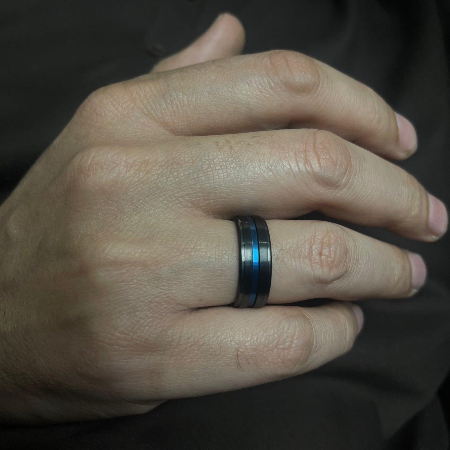 Black Titanium Blue Inlay Ring