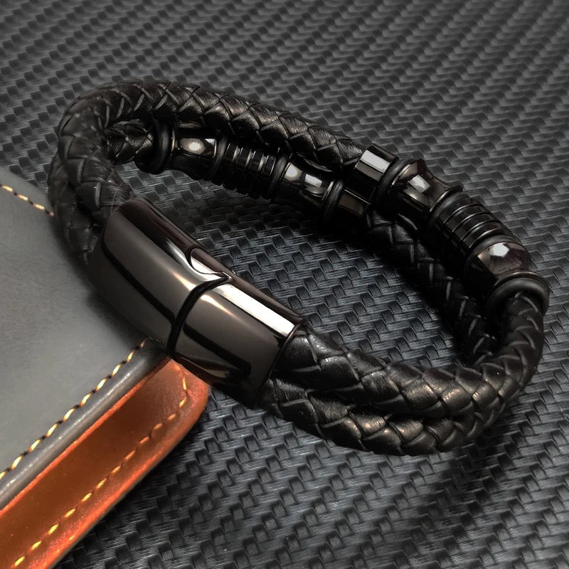 Black Crown Layered Leather Bracelet For Men