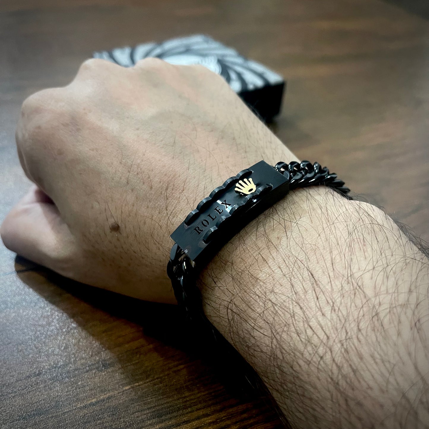Black Rolex Crown Curb Link Bracelet for Men