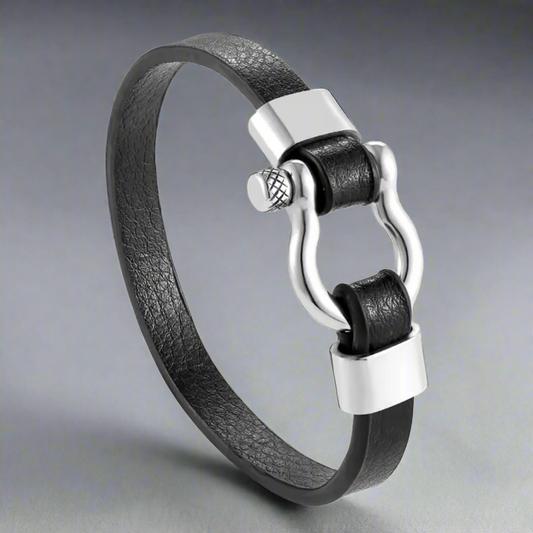 Silver Latch Leather Bracelet For Men