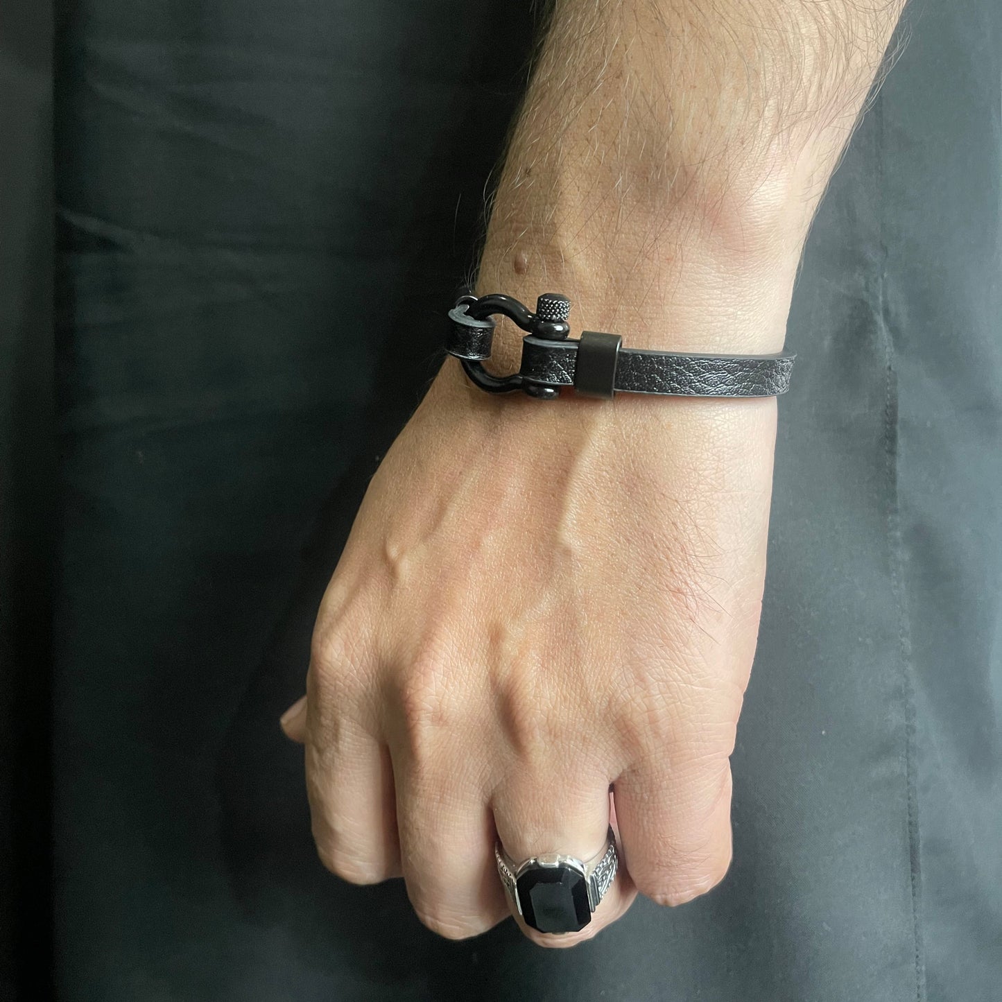 Black Latch Leather Bracelet For Men