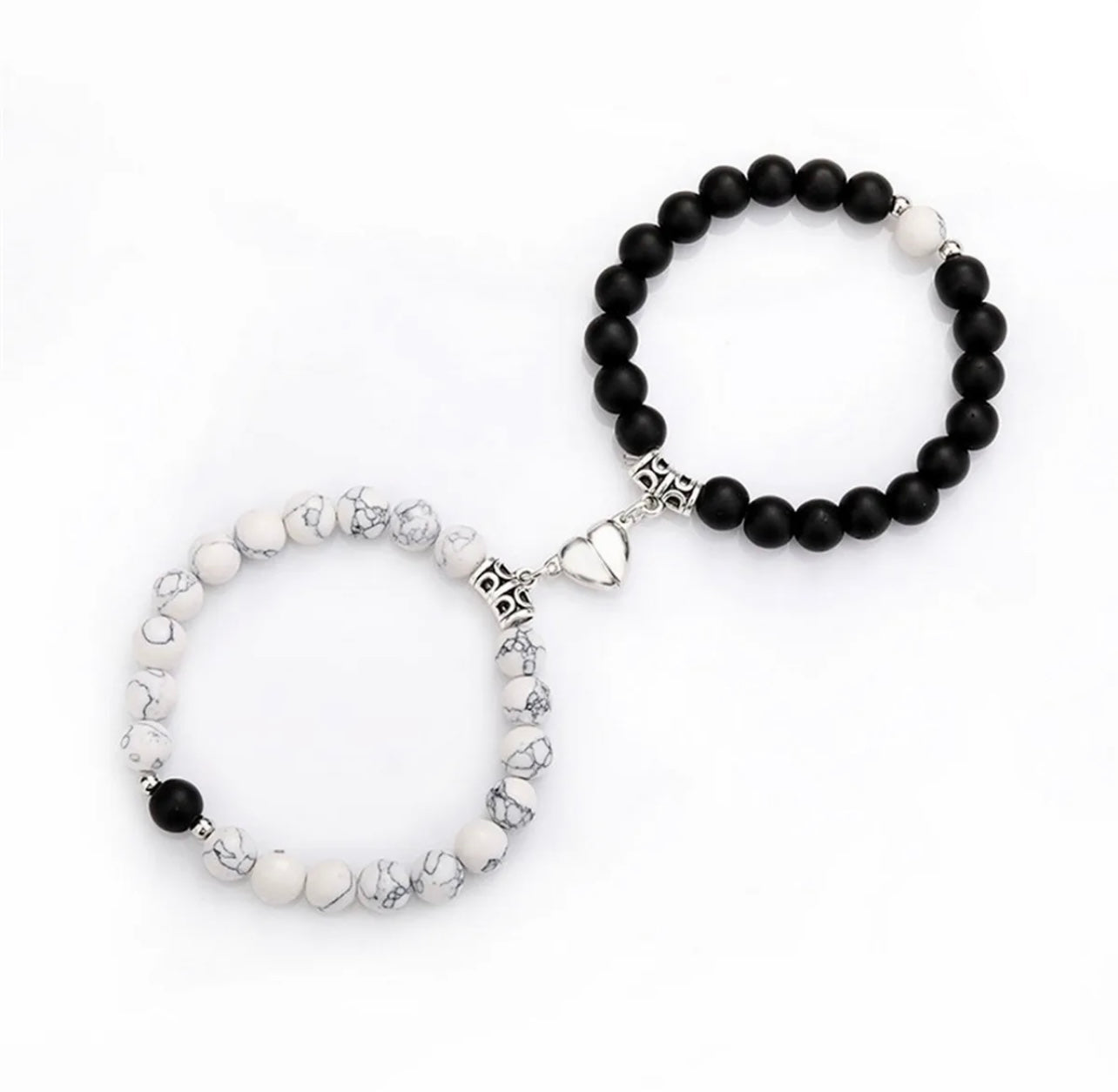 Black & White Beads Heart Magnetic Distance Bracelet Set Couple Bracelet
