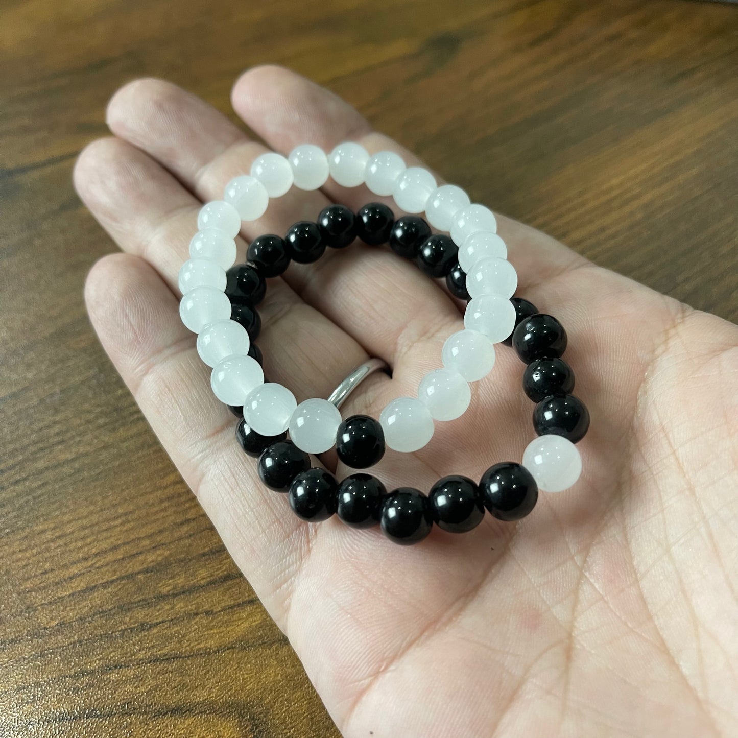 Black & Milky White Energy Stone Beads Distance Bracelet Set Couple Bracelet