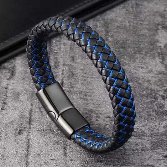 Blue & Black Braided Leather Bracelet For Men