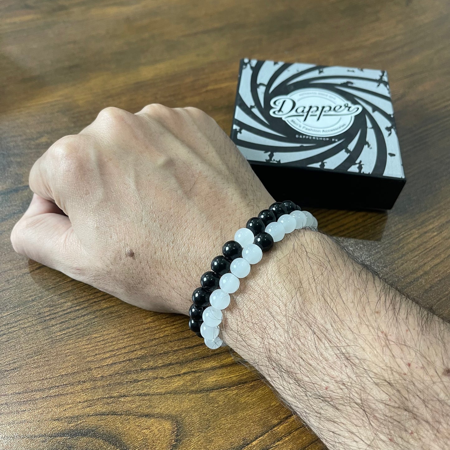 Black & Milky White Energy Stone Beads Distance Bracelet Set Couple Bracelet