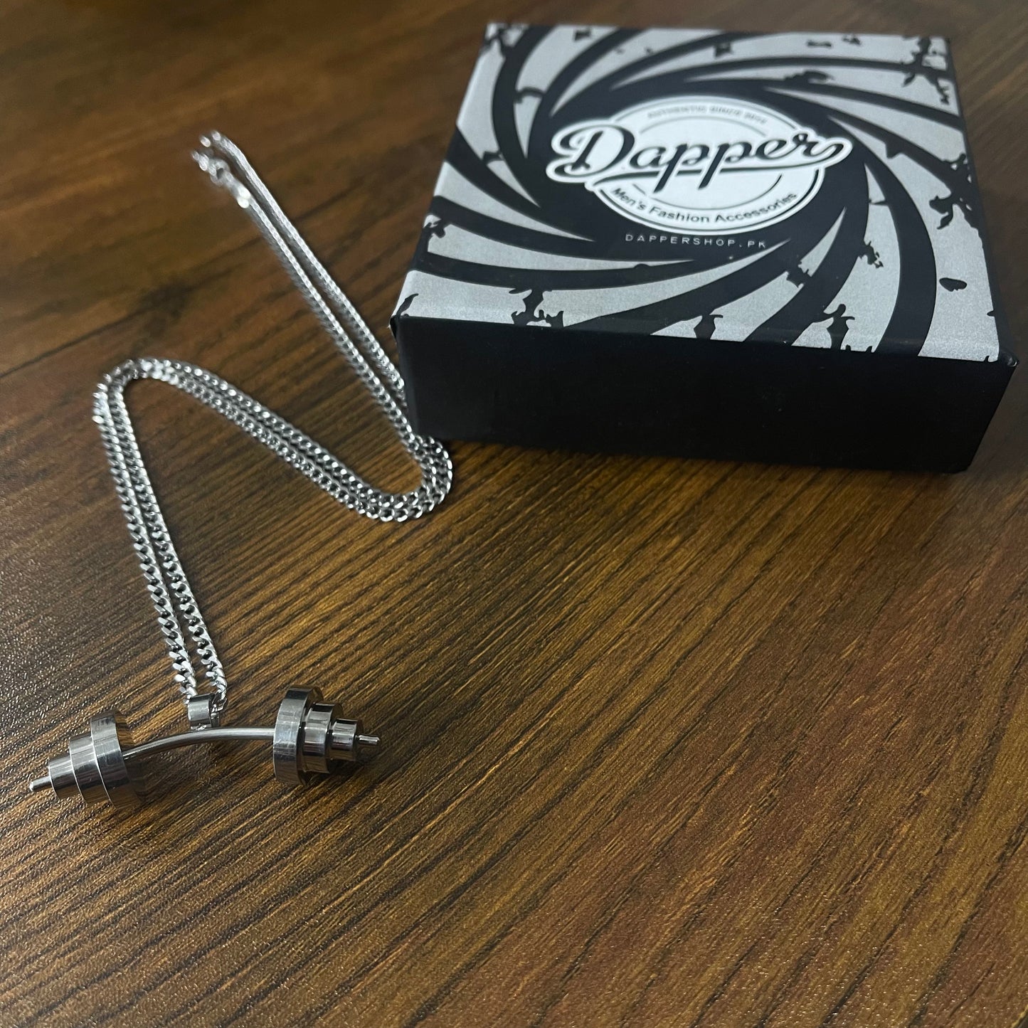 stainless steel silver fitness dumbbell pendant necklace for men online in pakistan