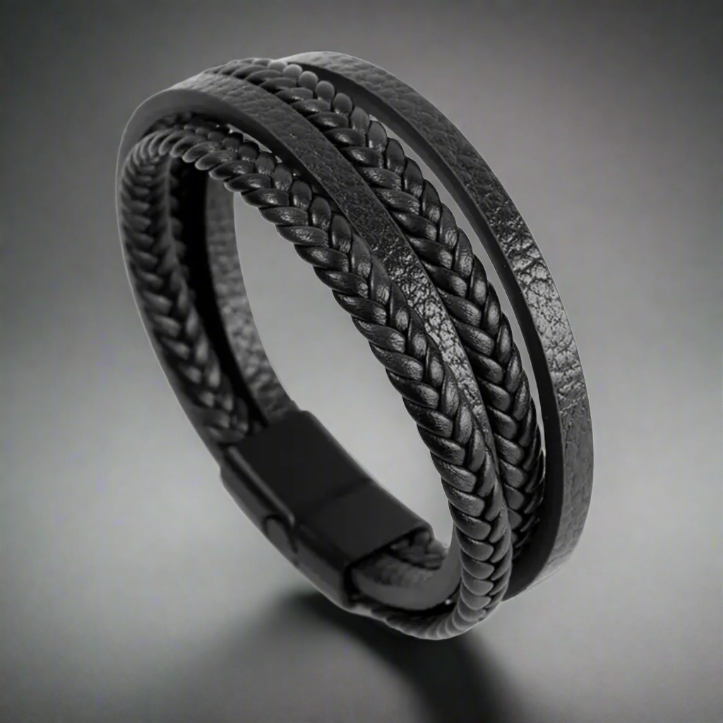 Black Layered Braided Bracelet For Men