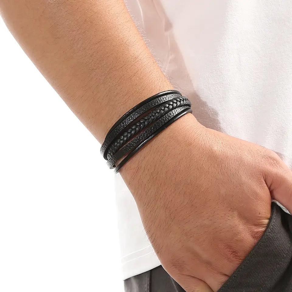Urban Pioneer Black Leather Bracelet For Men