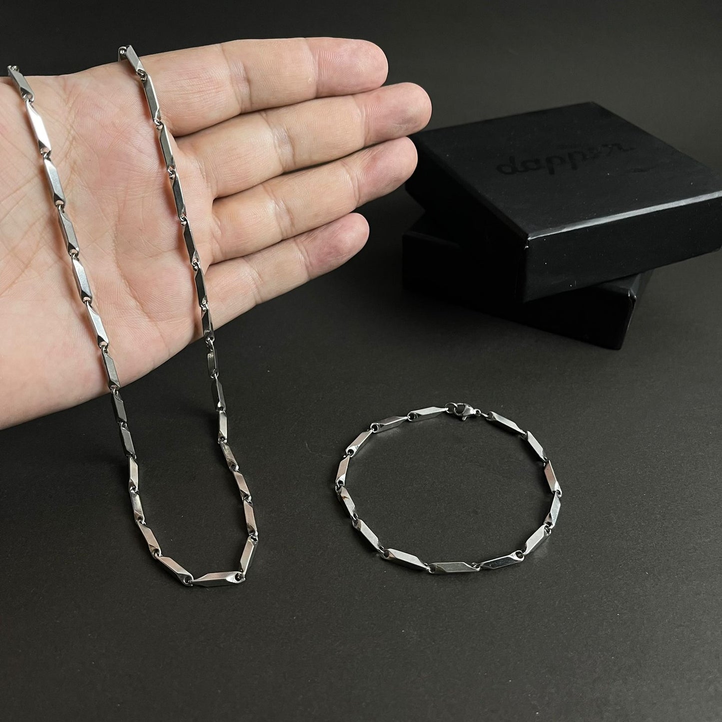 Silver steel neck chain and bracelet set for men online in Pakistan
