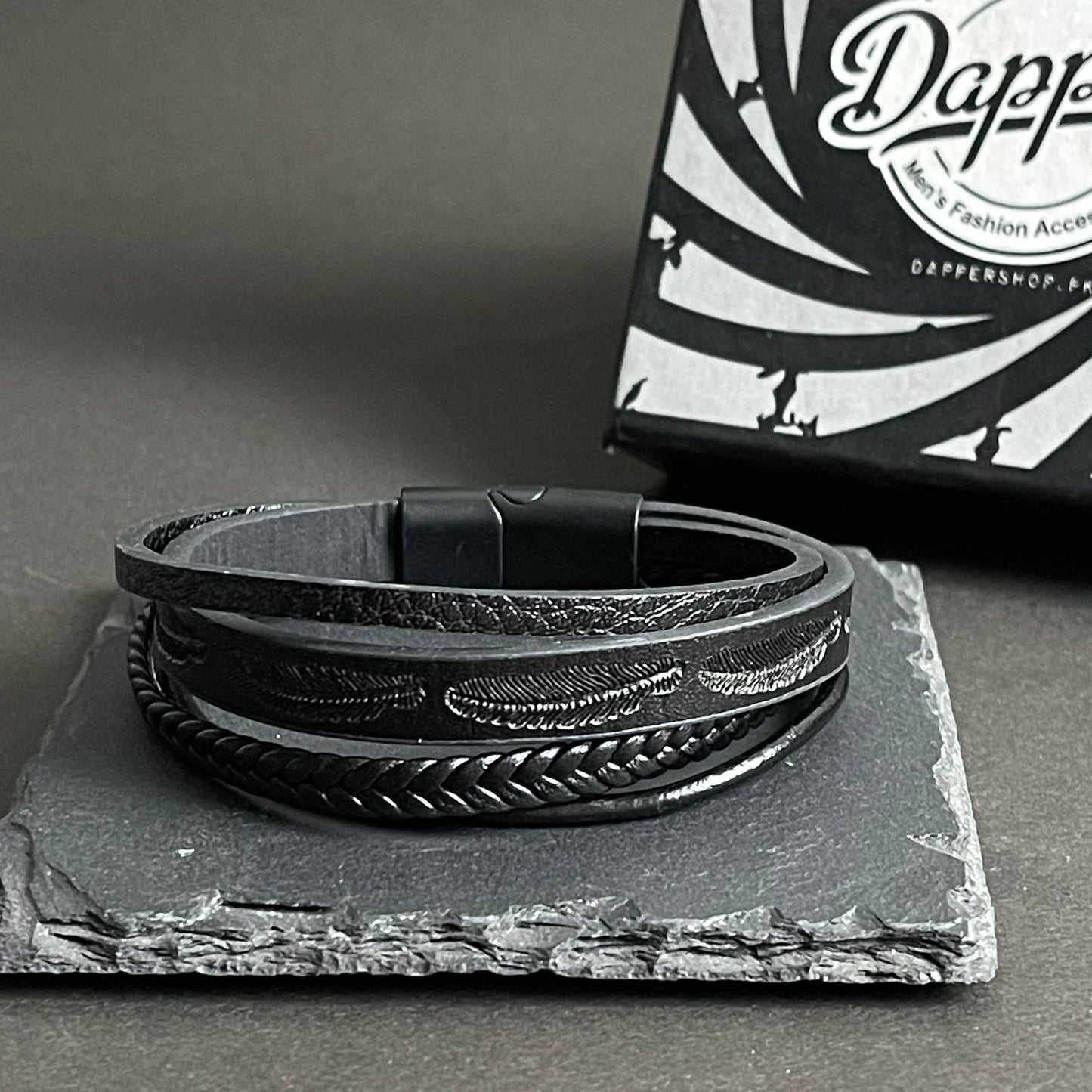 Black Layered Leaf Leather Bracelets For Men