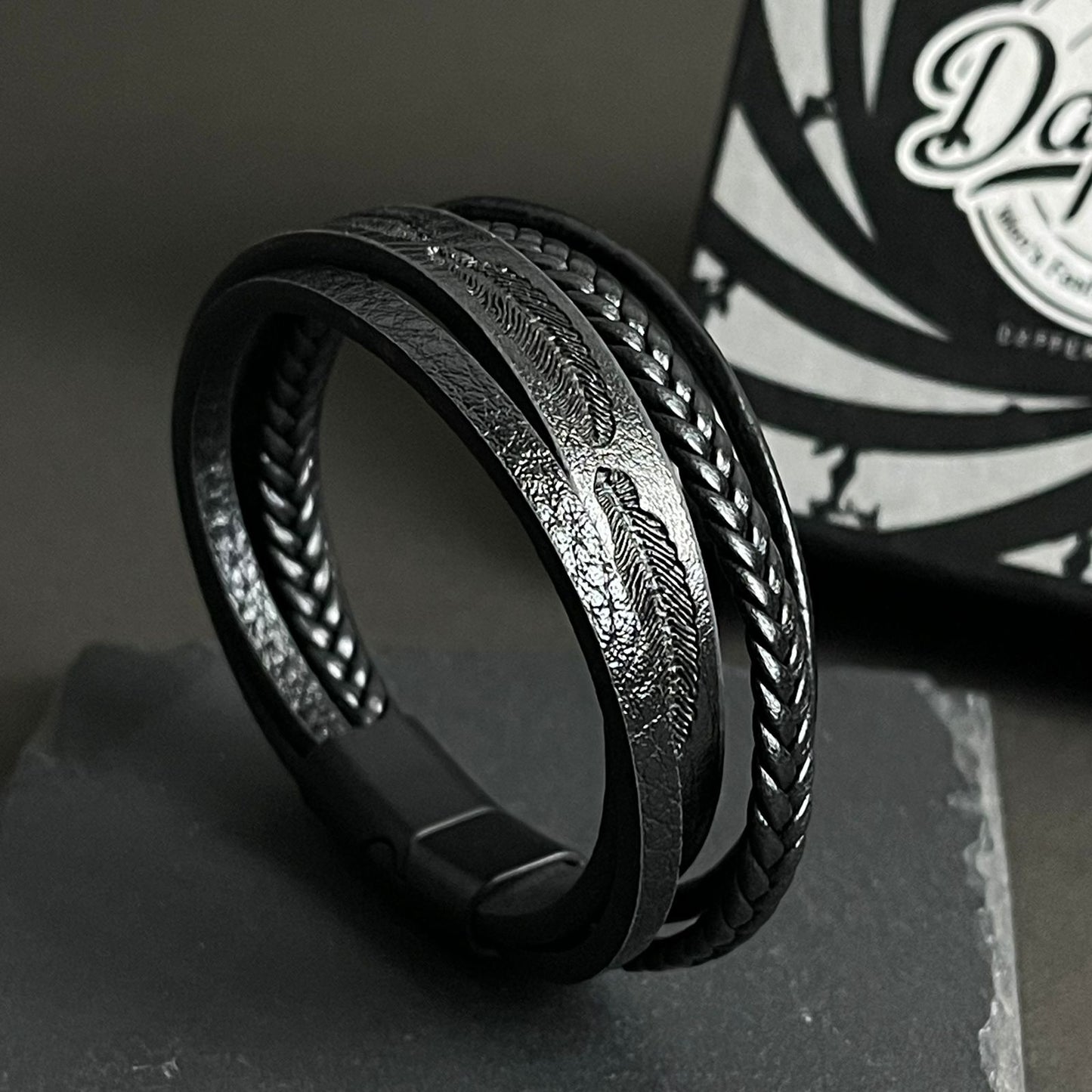 Black Layered Leaf Leather Bracelets For Men