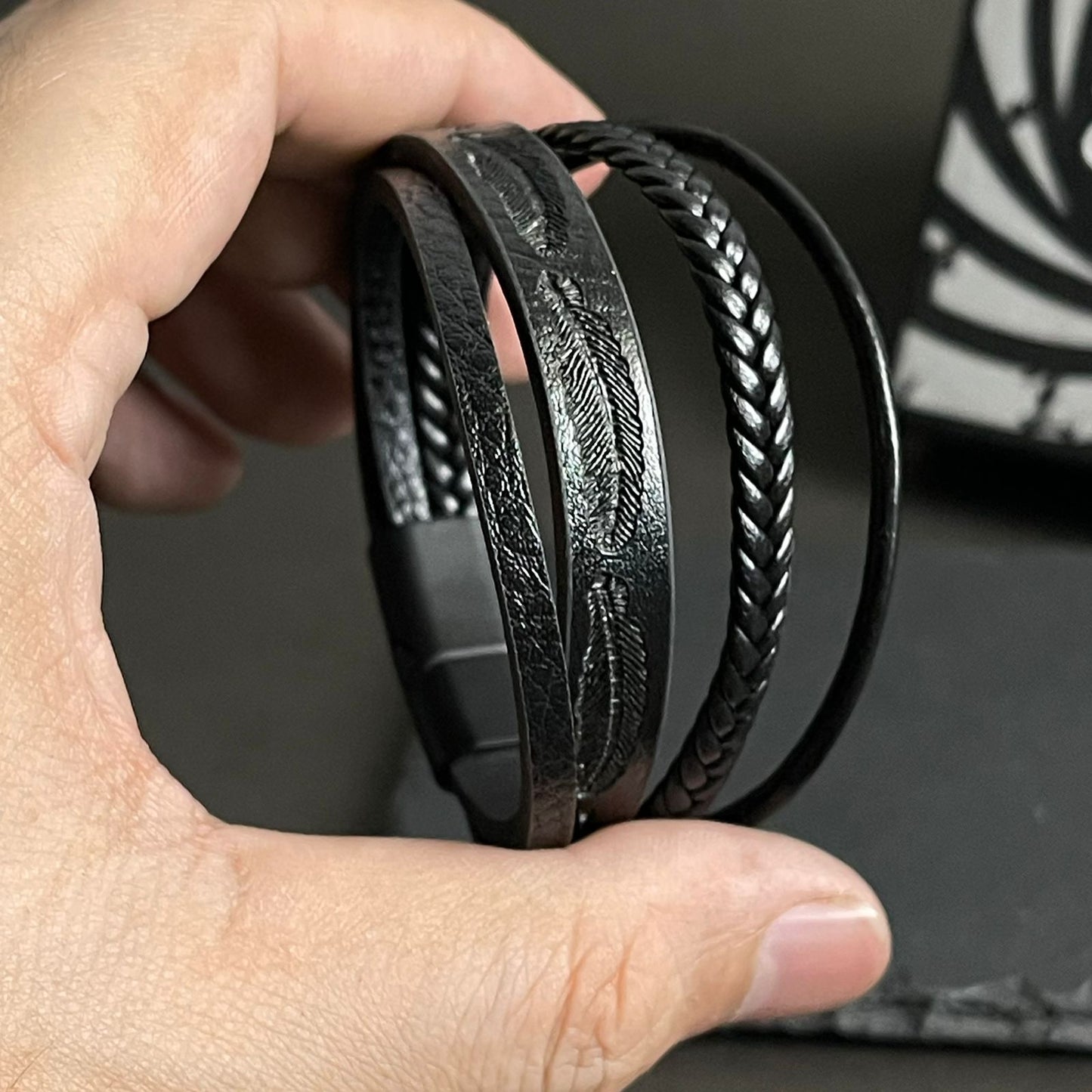 Black Layered Leaf Leather Bracelets For Men