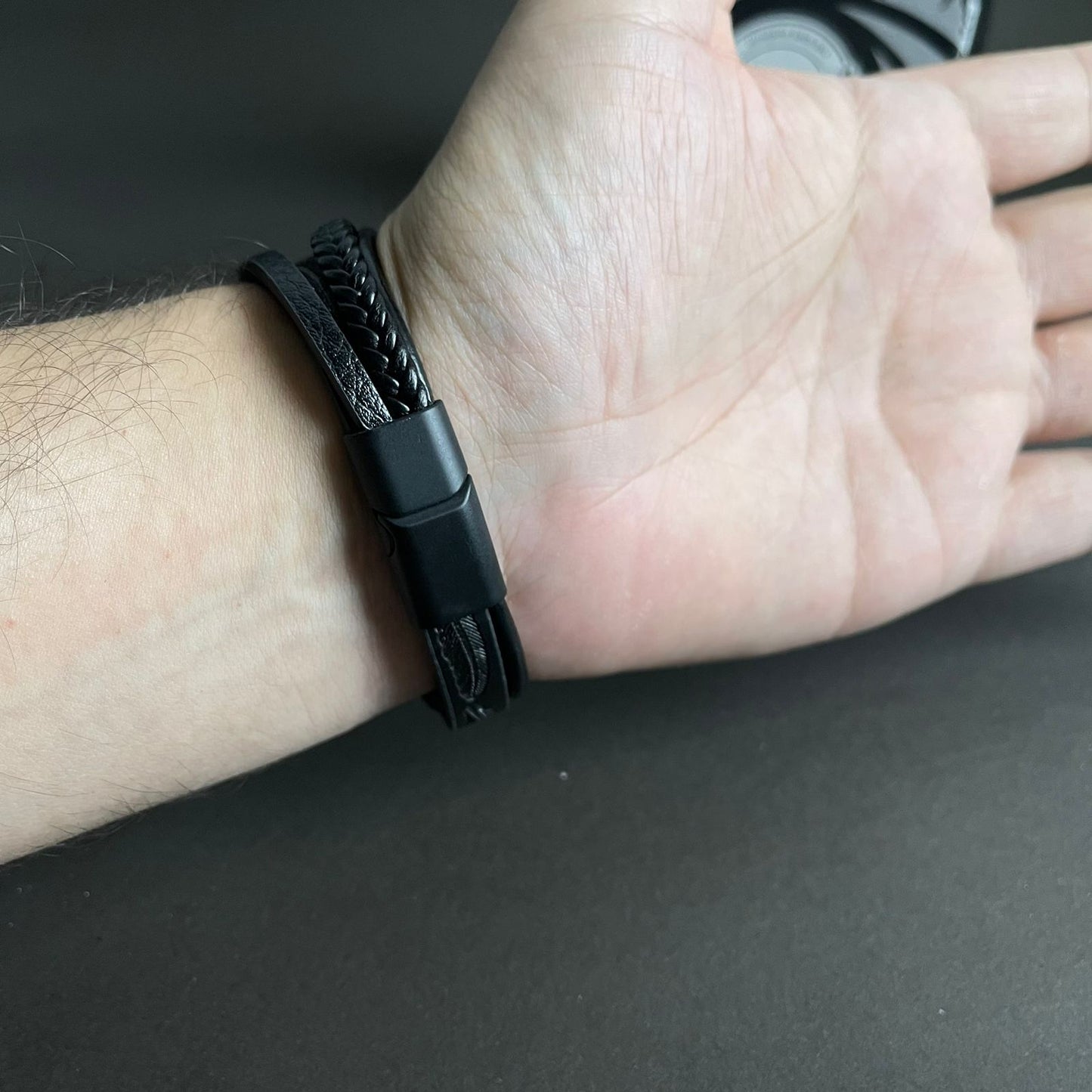 Black Layered Leaf Leather Bracelets For Men