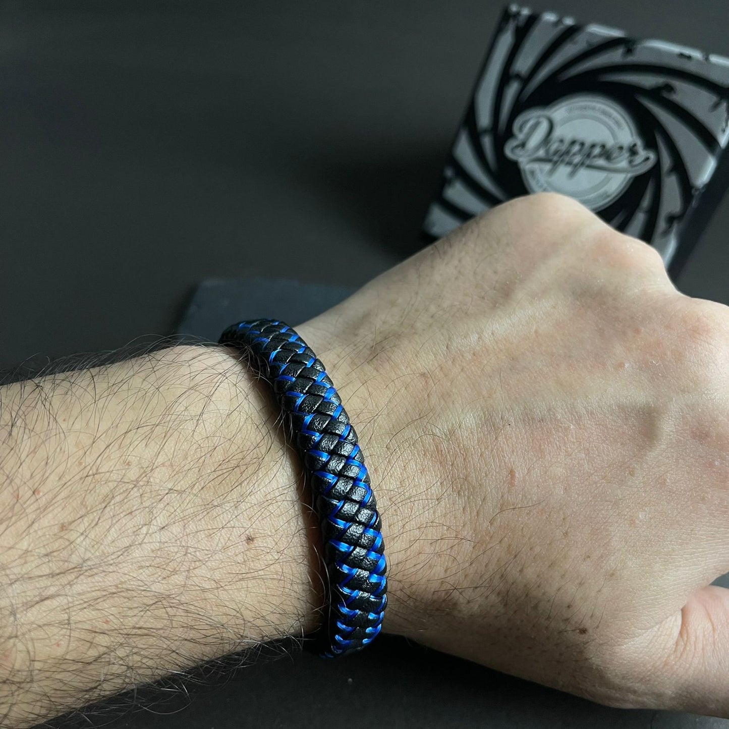 Blue & Black Braided Leather Bracelet For Men