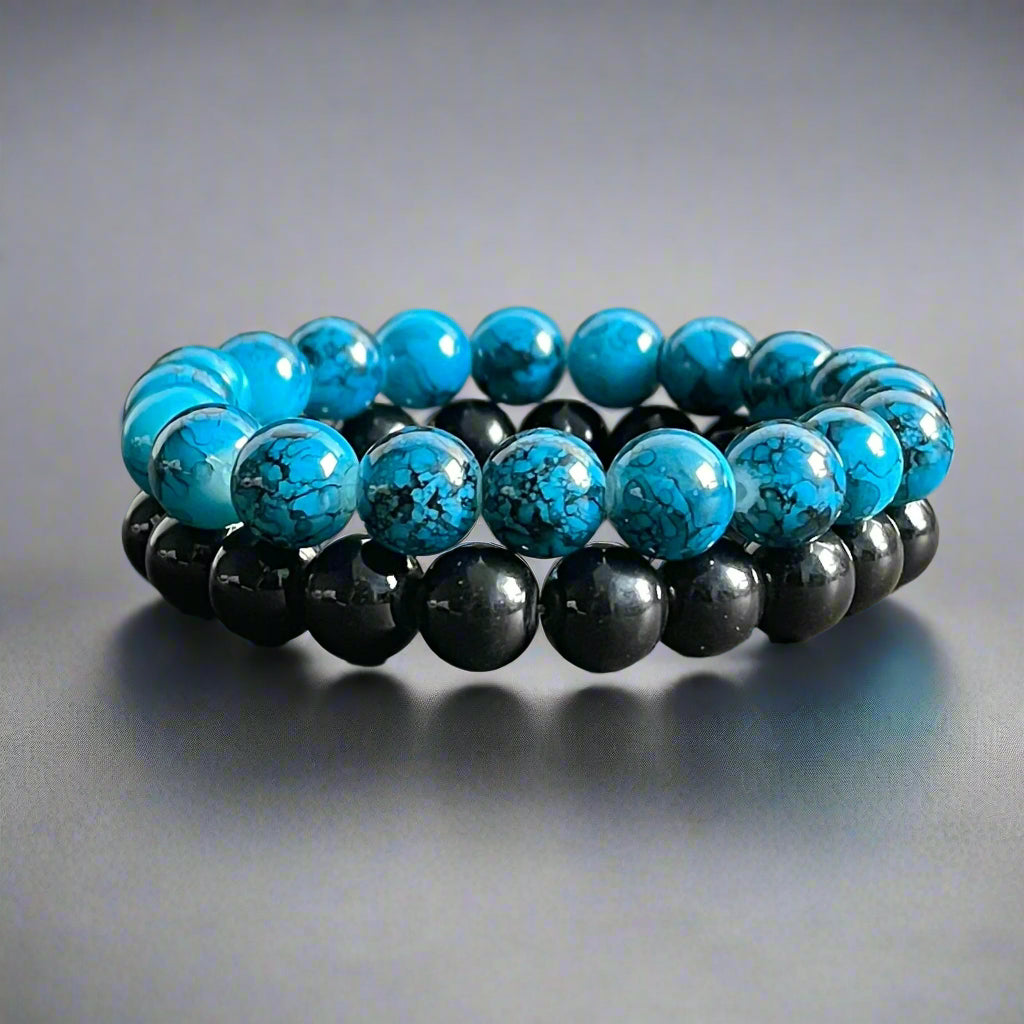 10mm Blue Agate & Black Distance Bracelet