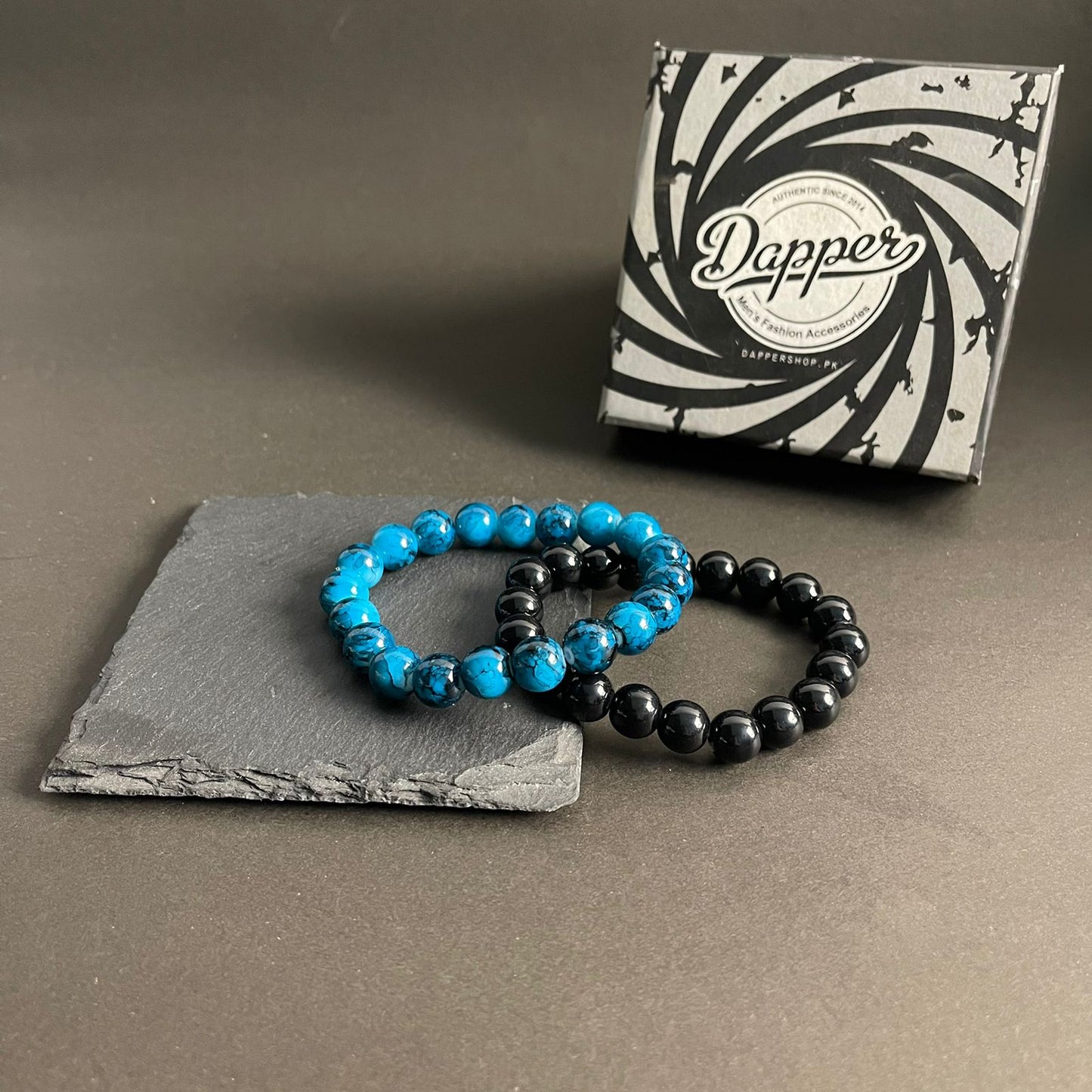 10mm Blue Agate & Black Distance Bracelet