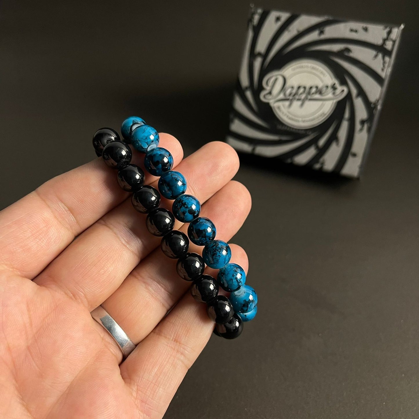 10mm Blue Agate & Black Distance Bracelet