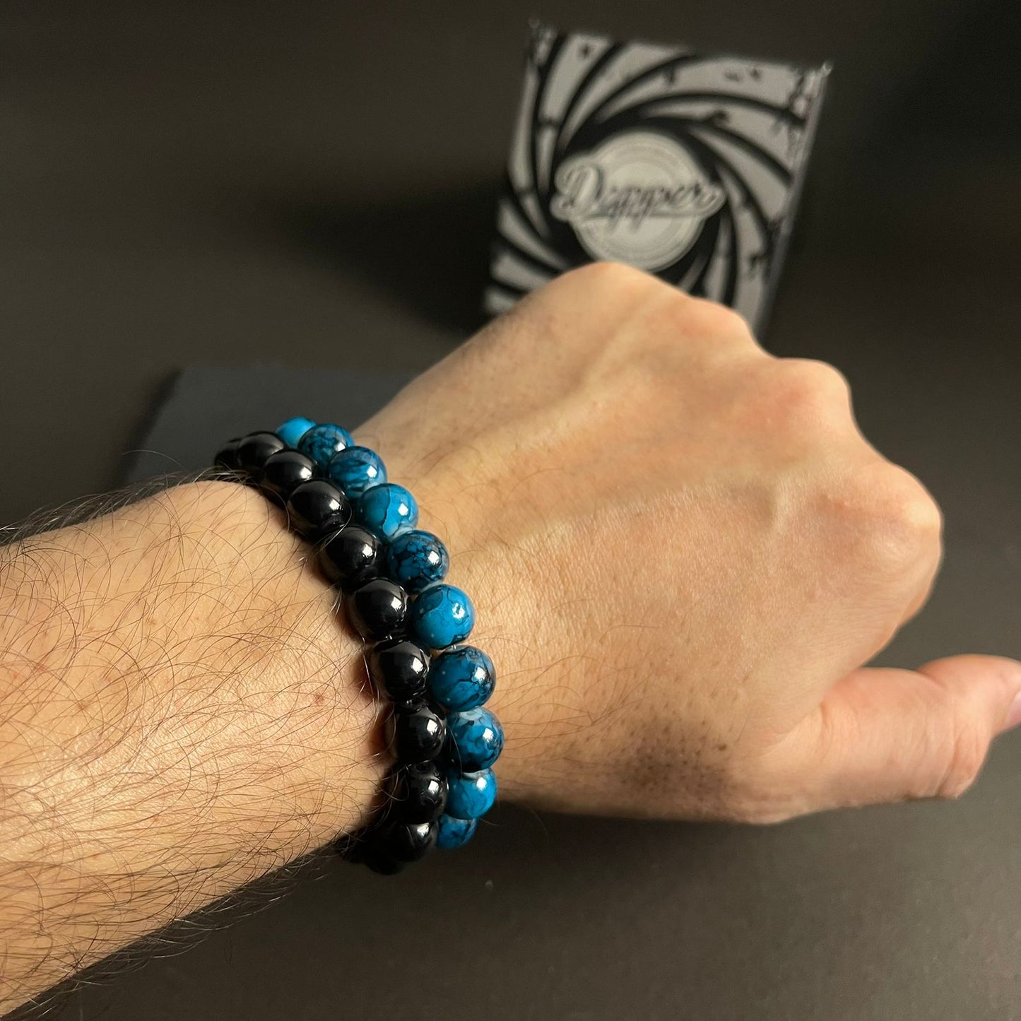 10mm Blue Agate & Black Distance Bracelet