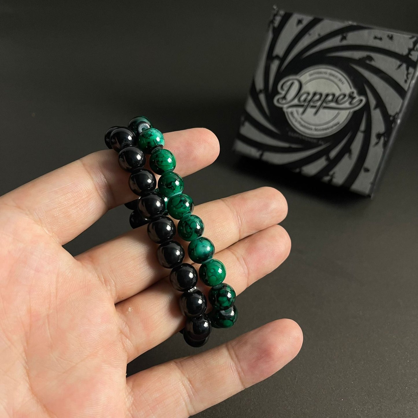 10mm Green Agate & Black Distance Bracelet