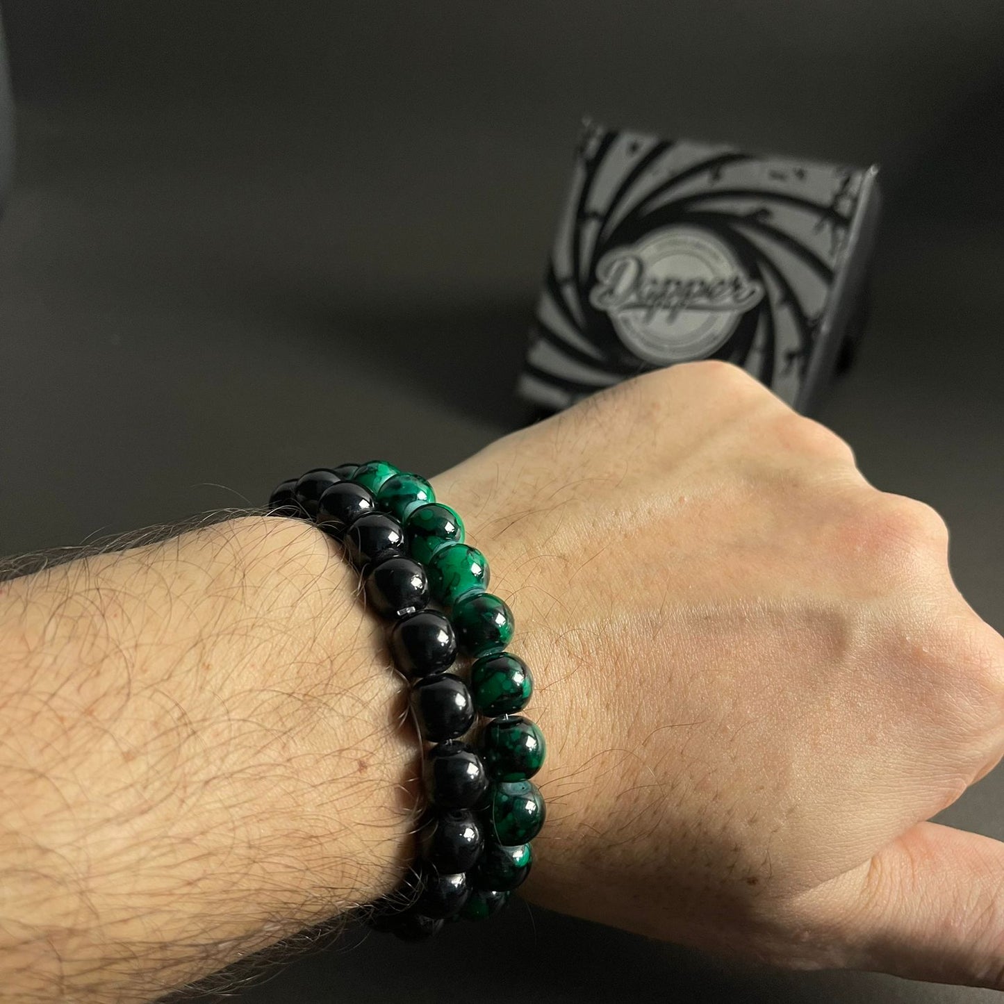 10mm Green Agate & Black Distance Bracelet