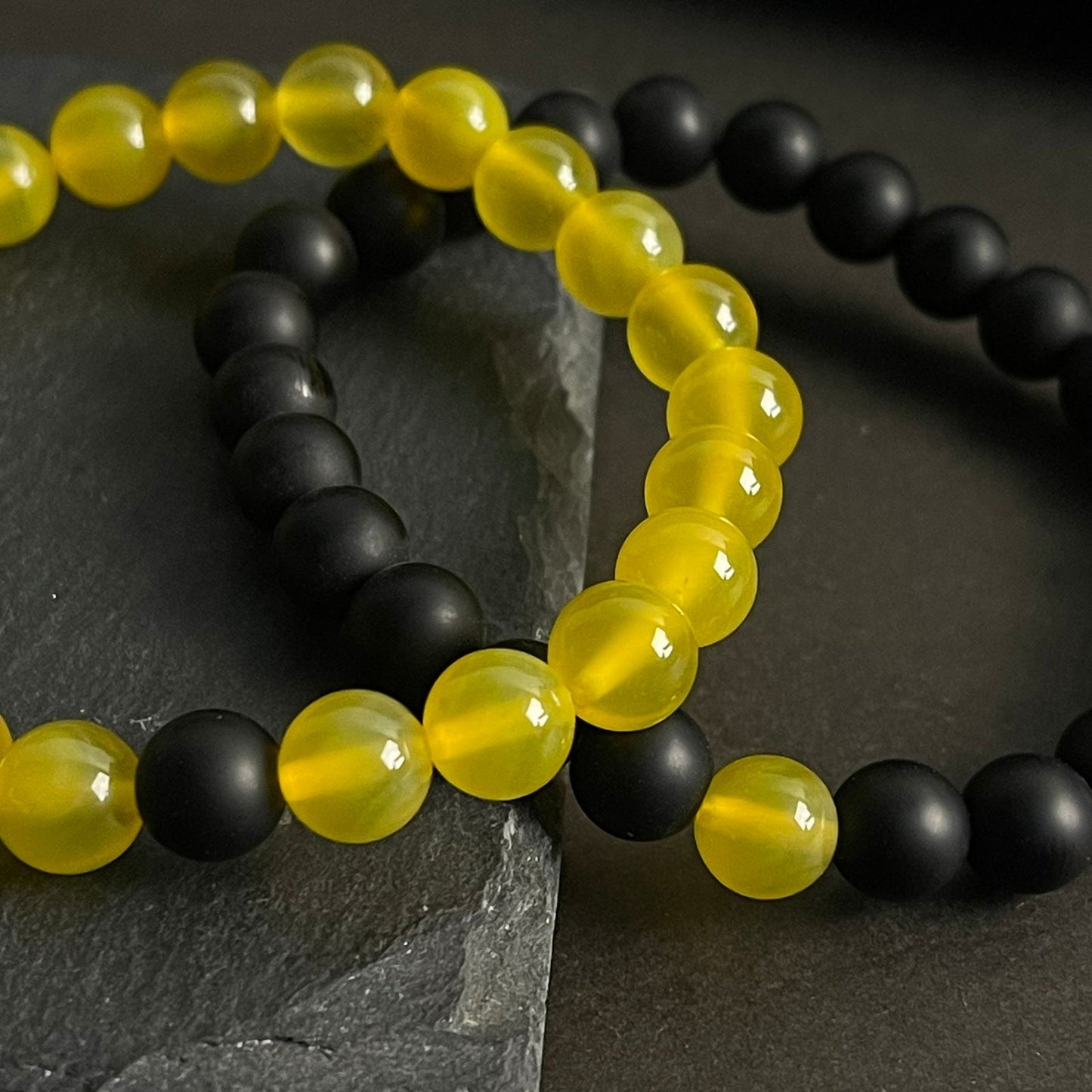 Matt Black & Yellow Agate Energy Stone Beads Distance Bracelet Set Couple Bracelet