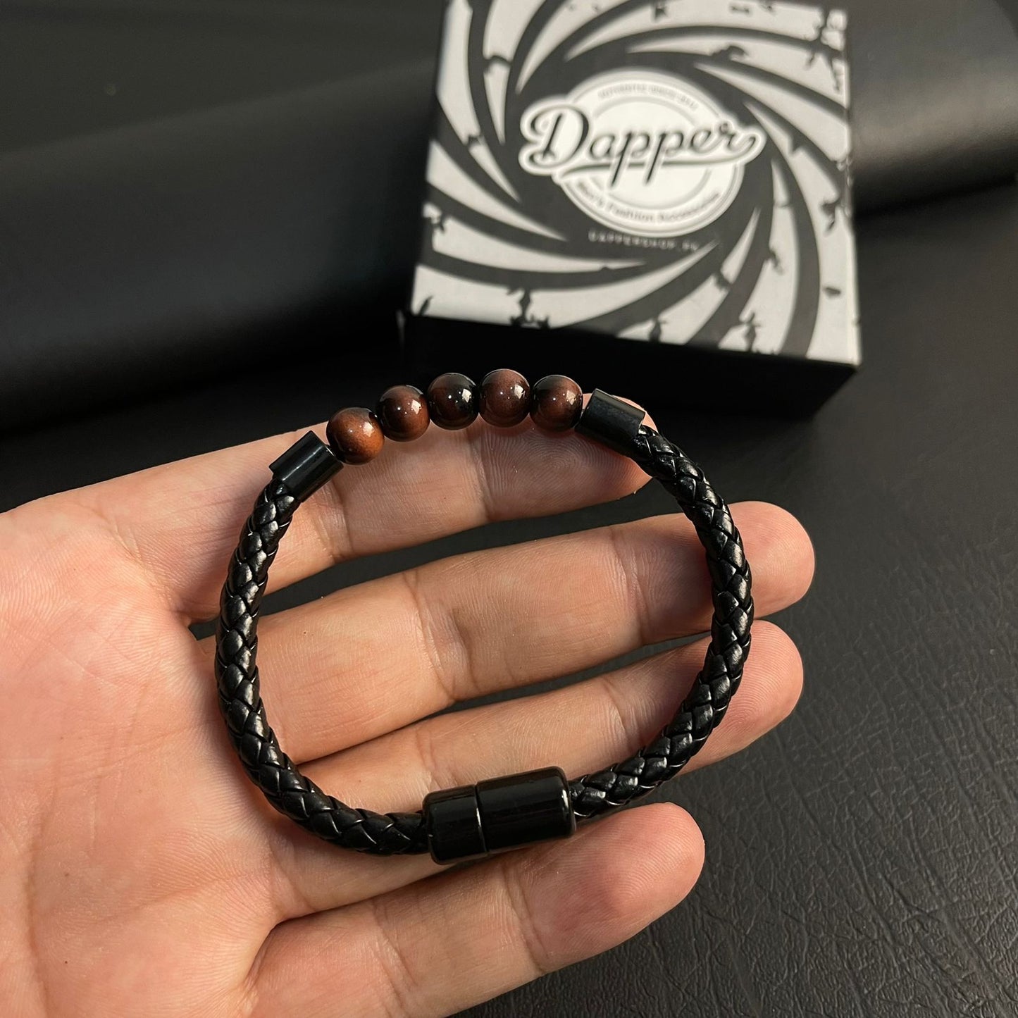Sleek Tiger Eye Beads Leather Bracelets For Men