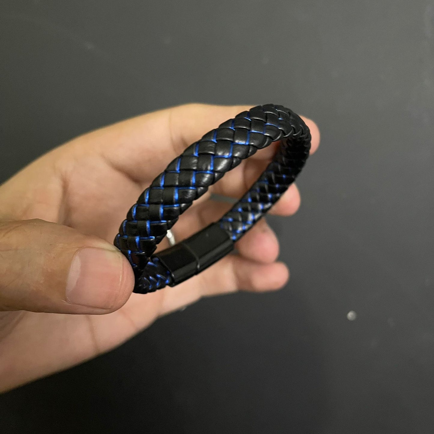Blue & Black Braided Leather Bracelet For Men