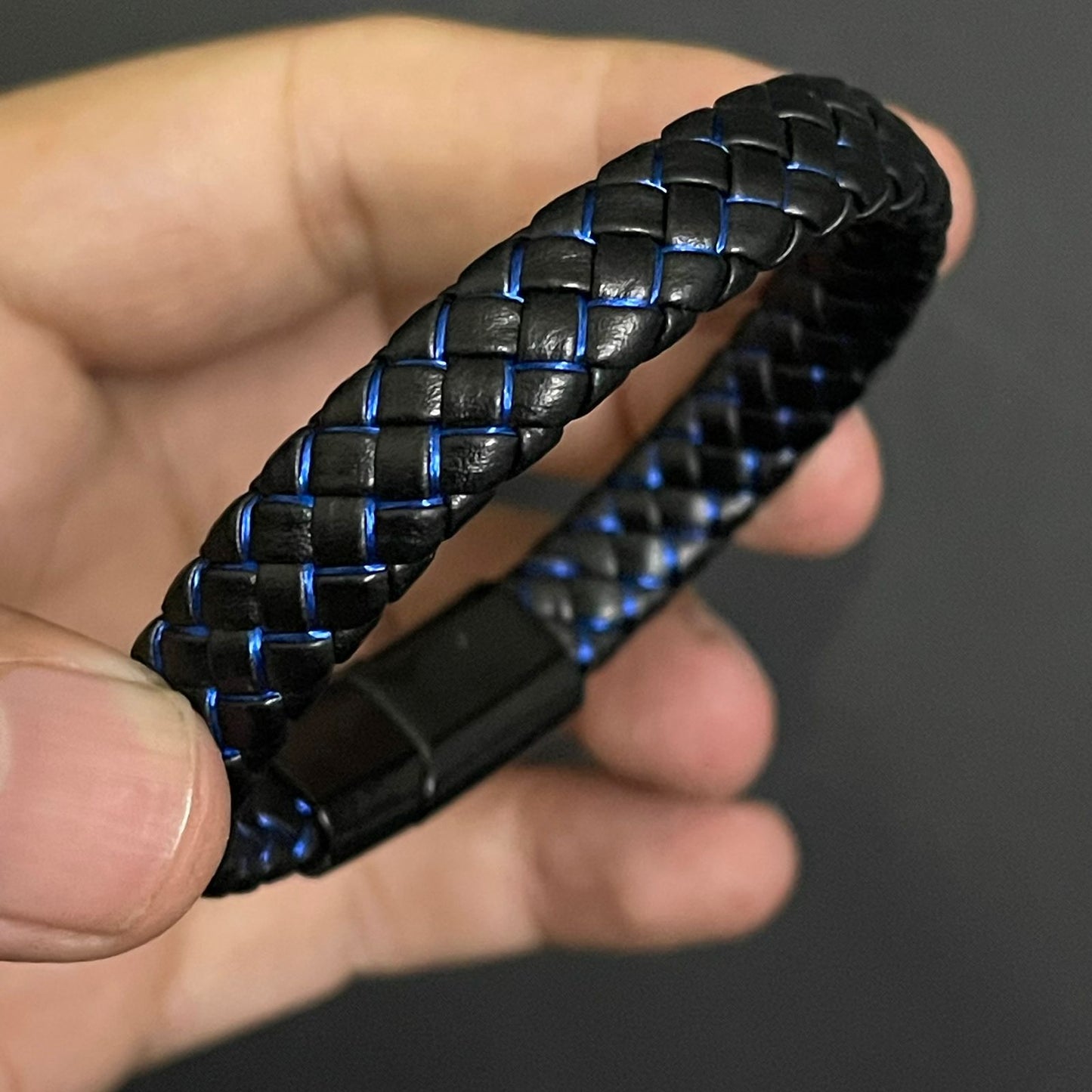 Blue & Black Braided Leather Bracelet For Men