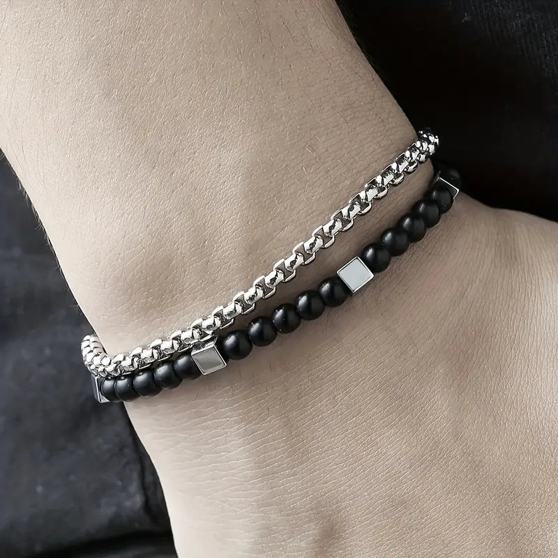 Men's Black Versatile Layering Bracelet Set