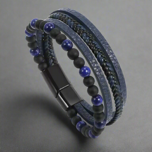 Blue Layered Agate Beads Leather Bracelet For Men