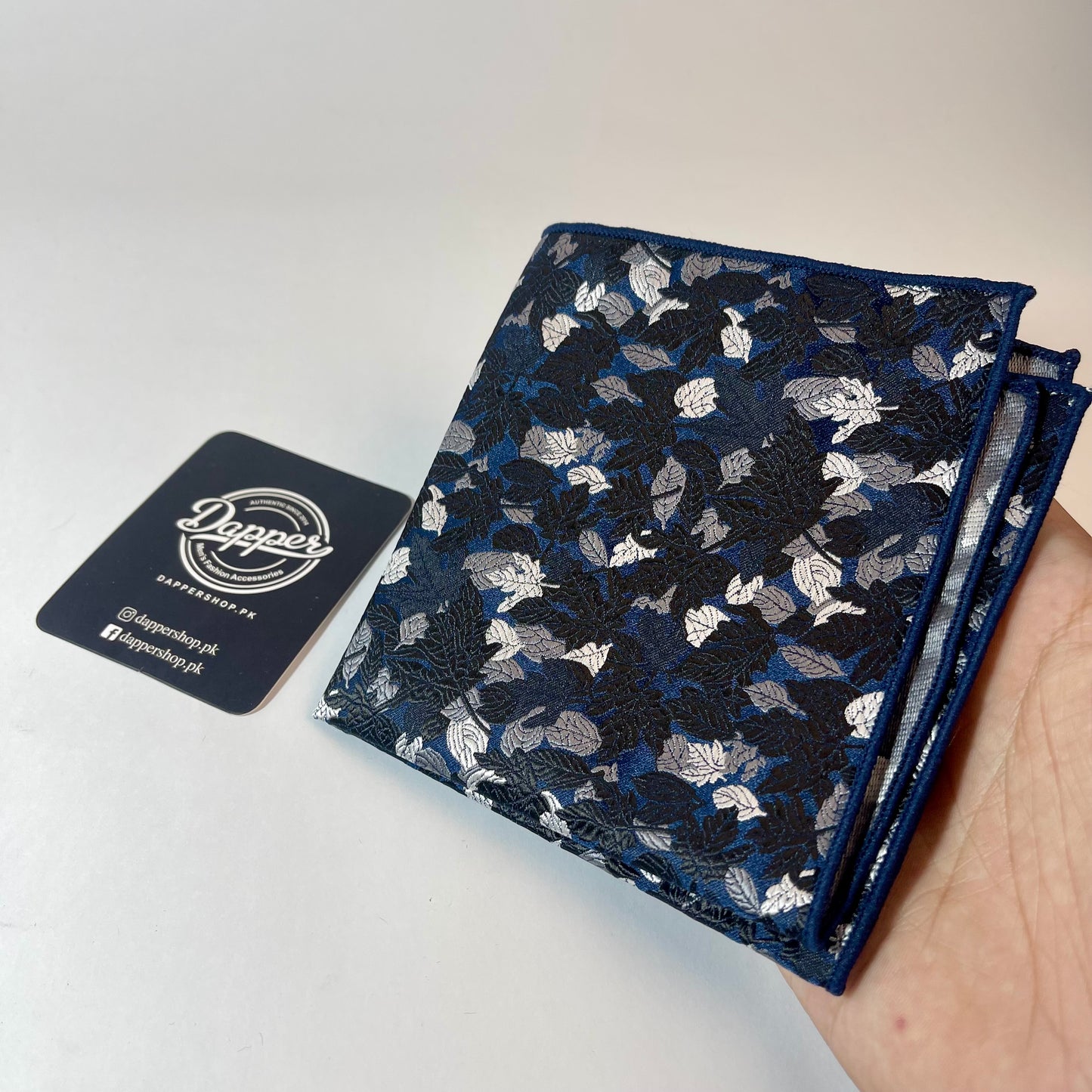 navy blue and silver floral pocket square for men online in pakistan