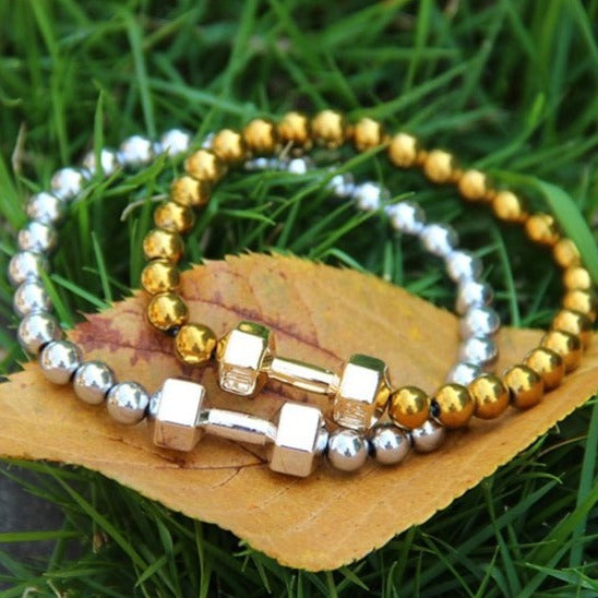 Golden Silver dumbell beads bracelet men pakistan