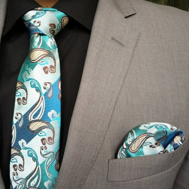 Blue And Green Paisley Tie Set For Men