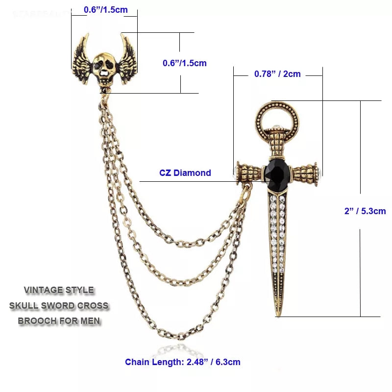 Antique Gold Sword & Skull Chain Brooch For Men