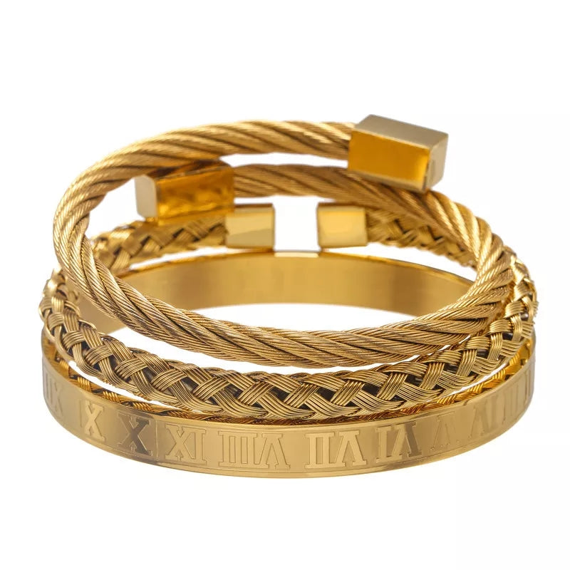 Luxury Mens Stainless Steel Crown Bracelet Set in Gold