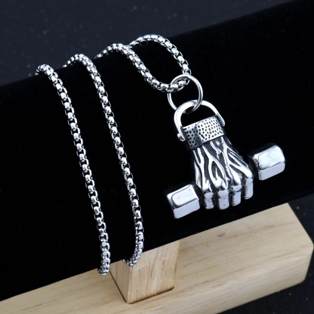 retro dumbbell fist pendant necklace for men