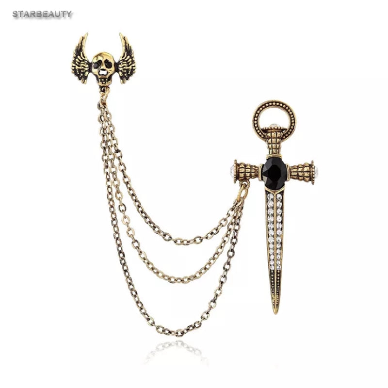 Antique Gold Sword & Skull Chain Brooch For Men