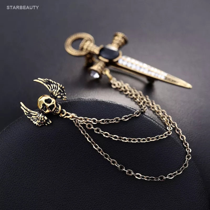 Antique Gold Sword & Skull Chain Brooch For Men