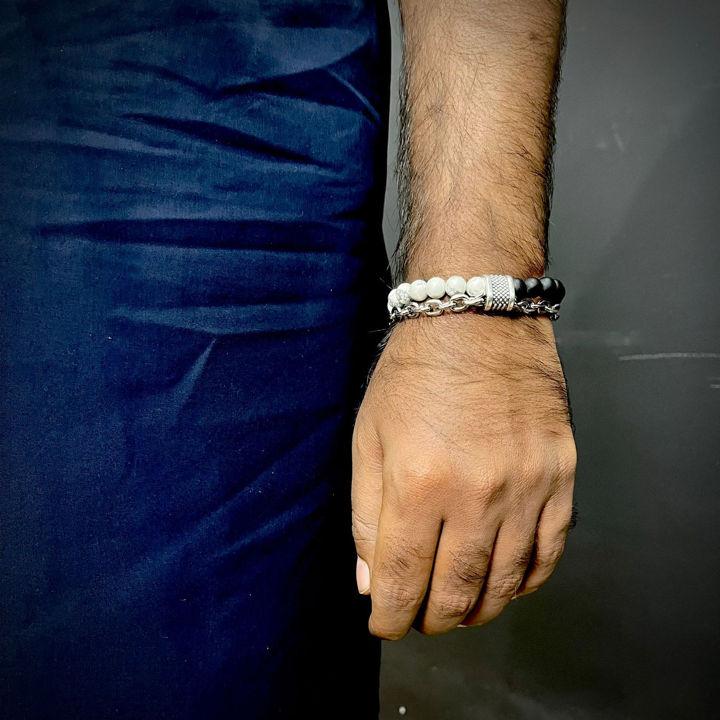 White & Matt Black Stone Double Chain Bracelet For Men
