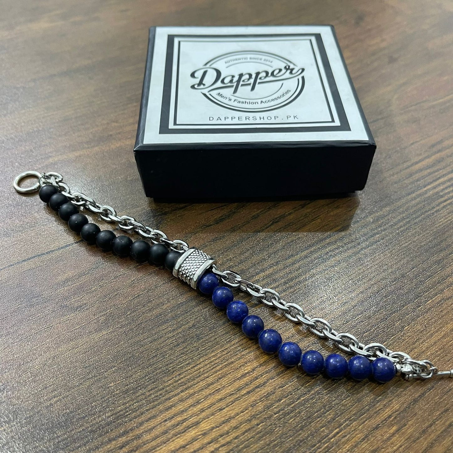 Blue & Matt Black Stone Double Chain Bracelet For Men